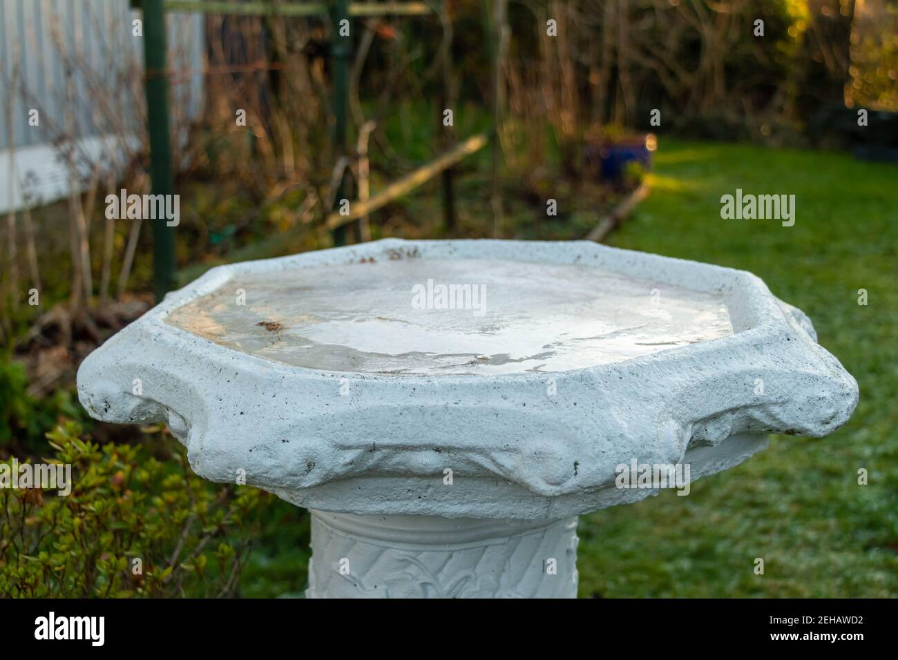 Eau et glace congelées dans un bain d'oiseau dans un jardin au soleil d'hiver Banque D'Images