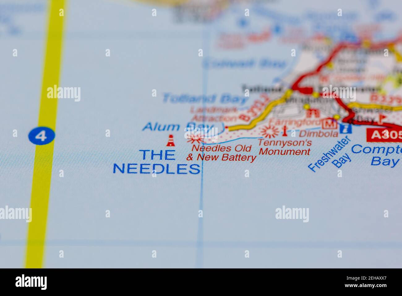 Les aiguilles sur l'île de Wight et les environs Affiché sur une carte routière ou une carte géographique Banque D'Images