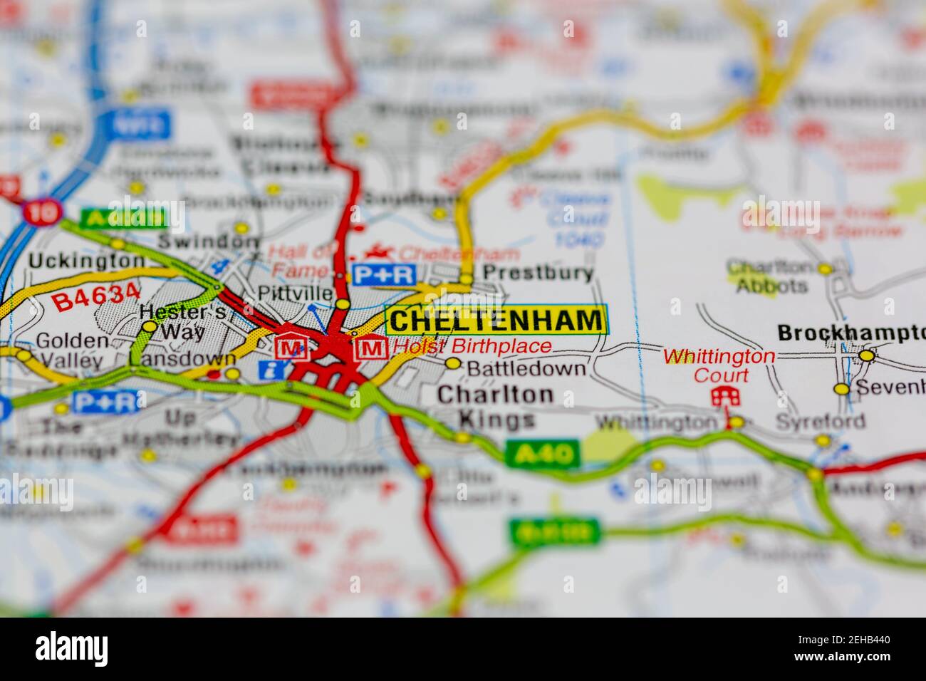 Cheltenham et les environs indiqués sur une carte routière ou Carte géographique Banque D'Images
