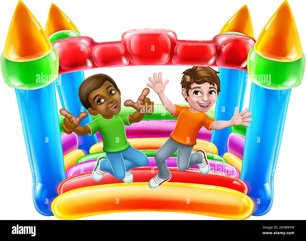 Bouncy House Castle Jumping Boys dessin animé pour enfants Illustration de Vecteur