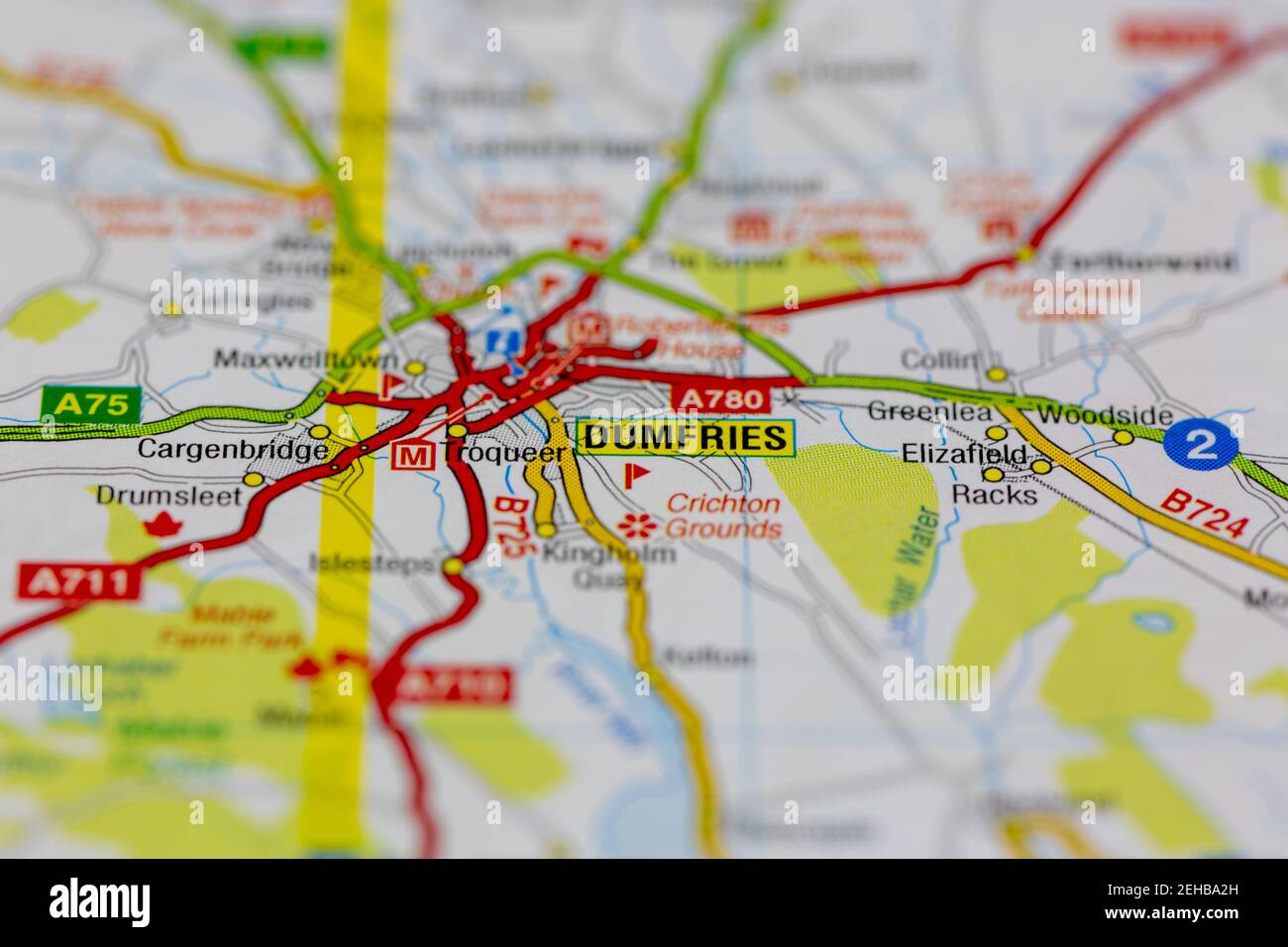 Dumfries et les zones environnantes indiquées sur une carte routière ou