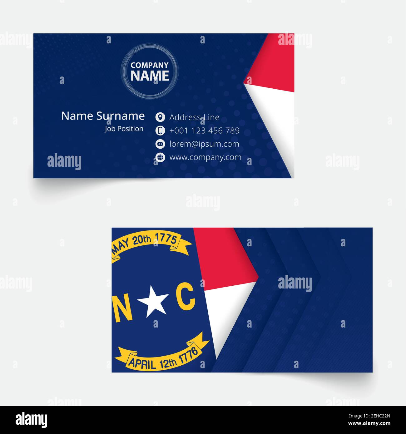 North Carolina Flag Business Card, modèle de carte de visite de taille standard (90x50 mm) avec fond perdu sous le masque de découpe. Illustration de Vecteur
