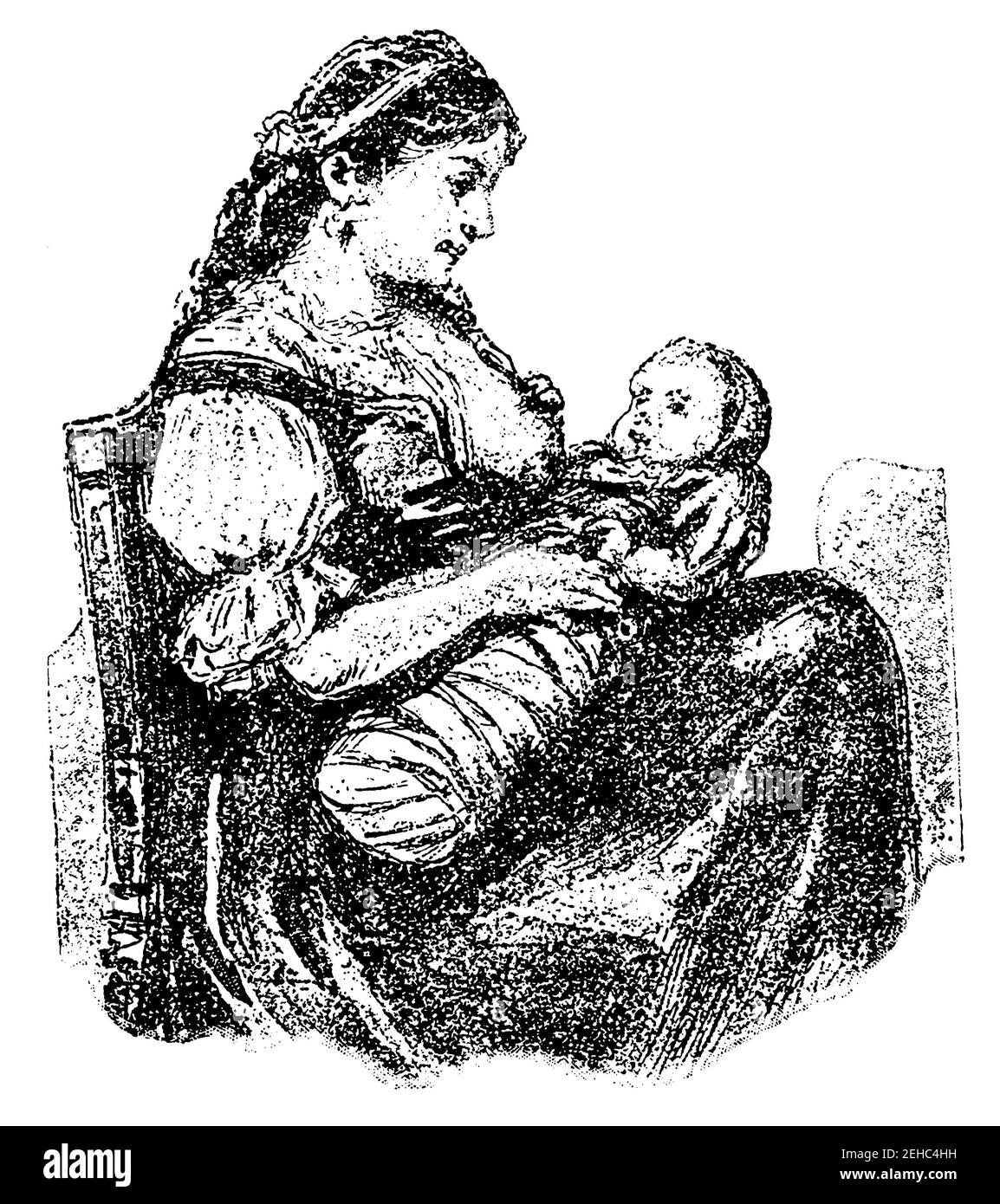 Bébé enveloppé dans l'ancienne mode et ses mouvements limités. Illustration du 19e siècle. Allemagne. Arrière-plan blanc. Banque D'Images