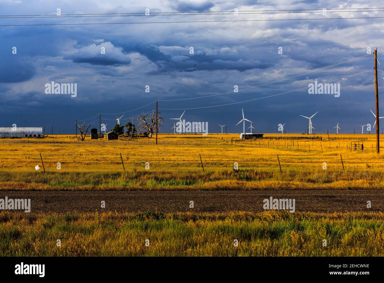 Parc d'éoliennes, Clarendon Texas, au nord de l'Interstate 40 route 66 Gray County Texas. Soleil en fin d'après-midi avec temps orageux en arrière-plan. Banque D'Images