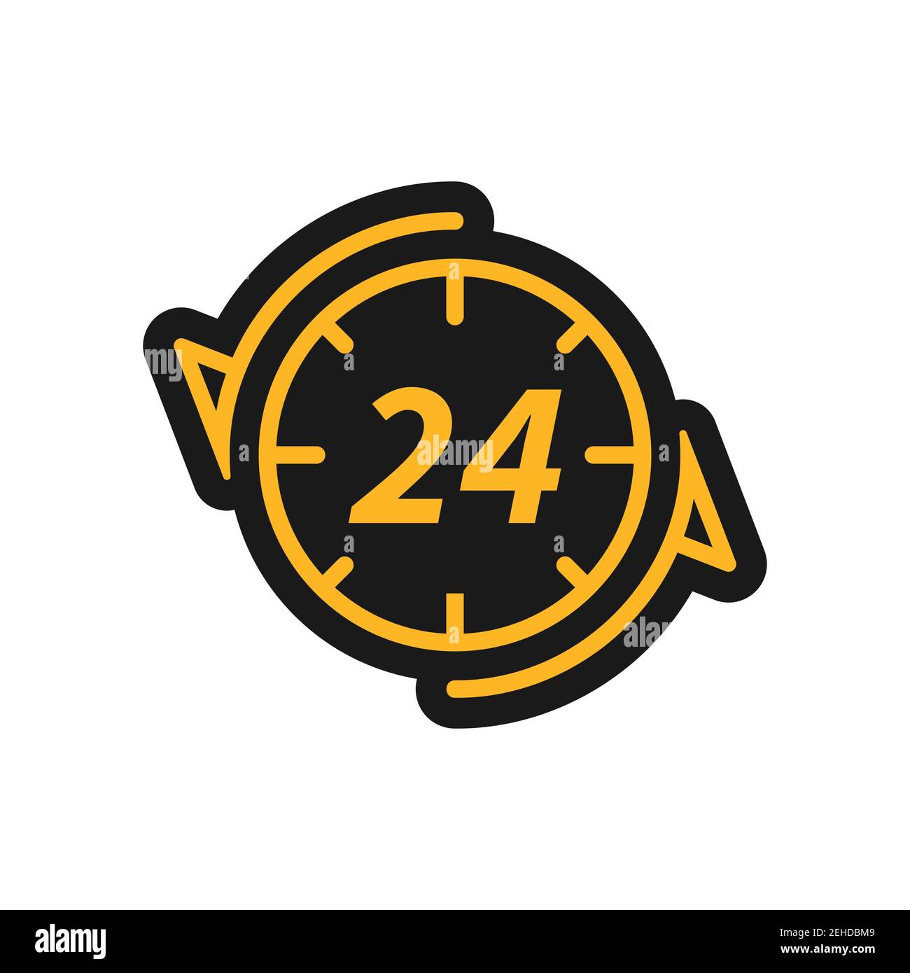 Icône en noir et jaune icône cercle des heures avec les mains avec l'inscription 24. Fonctionnement 24 heures sur 24 du magasin, de la station-service, du café et Illustration de Vecteur