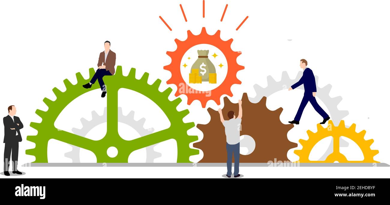 Illustration du vecteur de concept de réussite d'entreprise (argent). Roue d'engrenage et personnes. Illustration de Vecteur