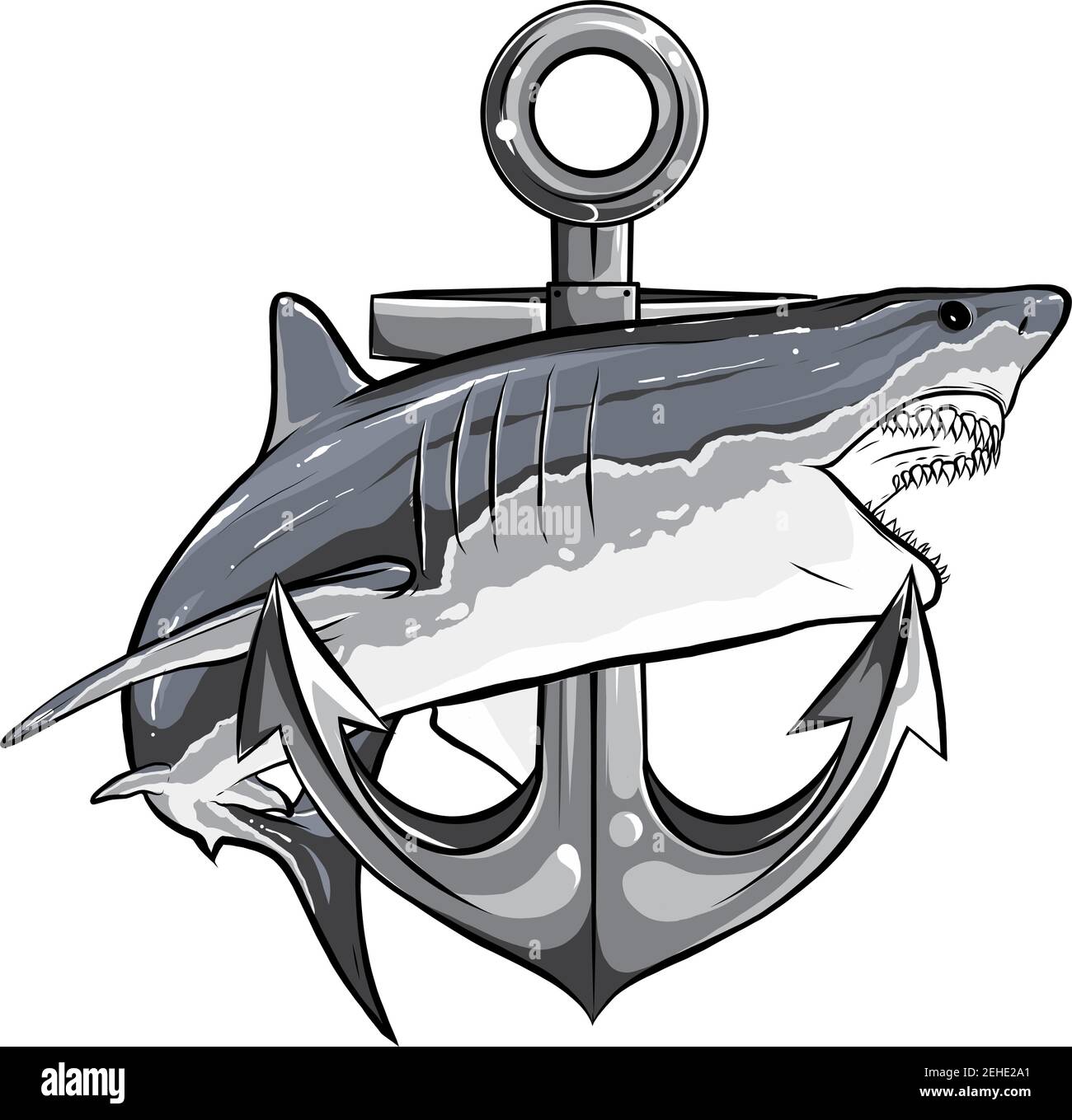 logo requin mascotte vecteur avec style de concept moderne pour l'impression de badges, d'emblèmes et de tee-shirts. illustration de requin sautant avec ancre. Illustration de Vecteur
