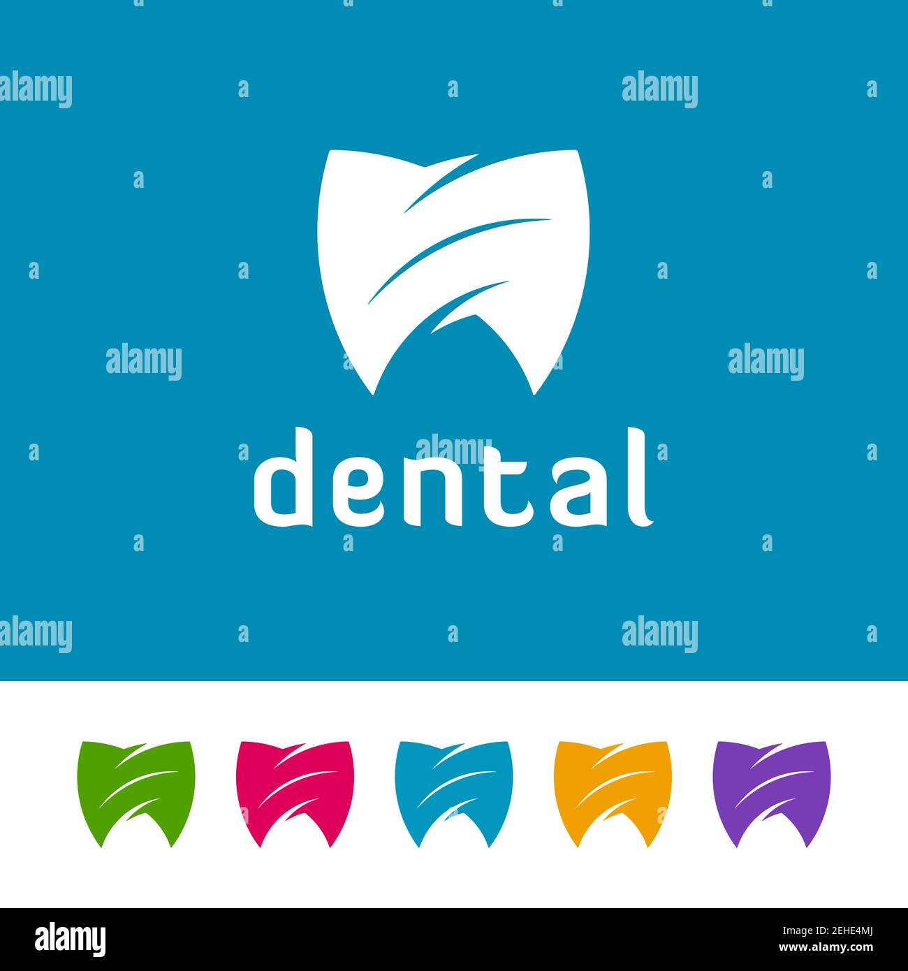 Icônes abstraites en forme de bouclier sur fond blanc et bleu. Logo minimal pour les soins dentaires. Illustration de Vecteur