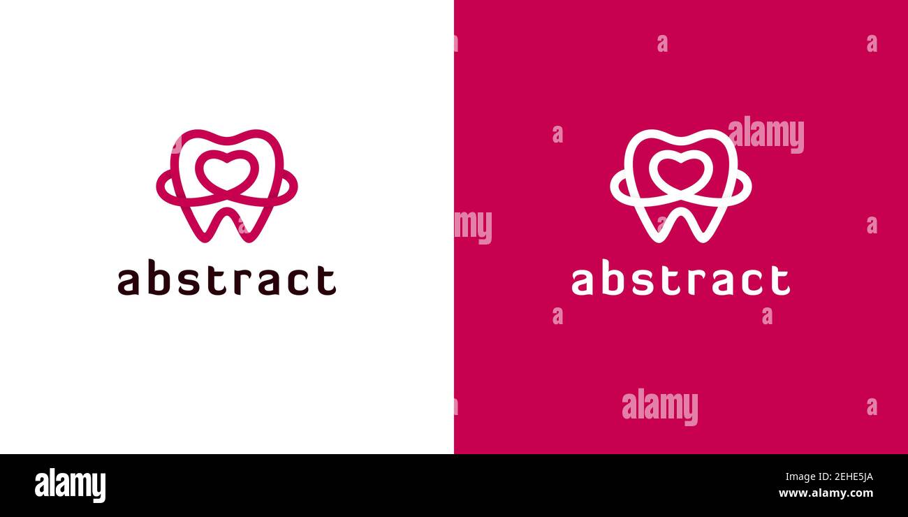 Icônes de dents abstraites avec formes de coeur sur fond blanc et rouge. Contours de logos pour dentaire. Illustration de Vecteur