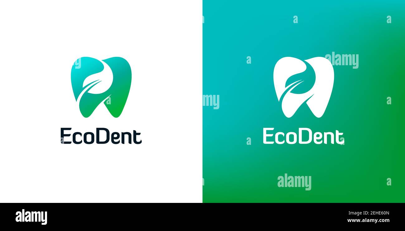 Icônes de dents avec formes de feuilles sur fond blanc et vert. Logo abstrait de la dentisterie. Illustration de Vecteur