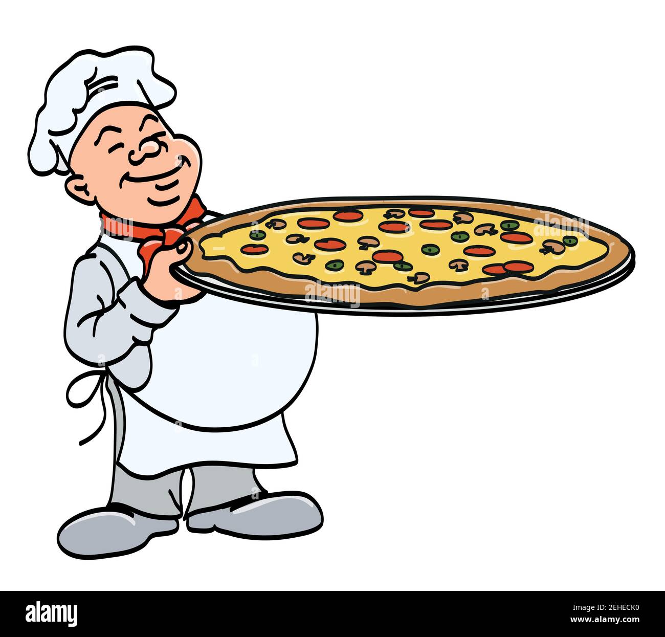 cuisinez avec de la pizza - chef tenant un grand plateau avec une pizza, dessin animé de couleur vectorielle, sur un fond blanc Illustration de Vecteur