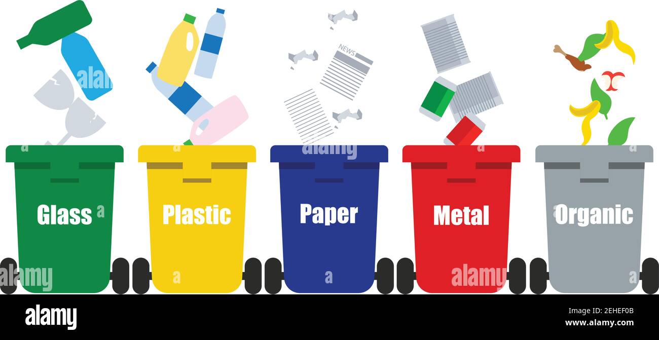 poubelles de couleur bleu rouge avec métal, papier, plastique, verre et déchets organiques convient à la réutilisation réduire le recyclage. tri des déchets déchets. vecteur Illustration de Vecteur