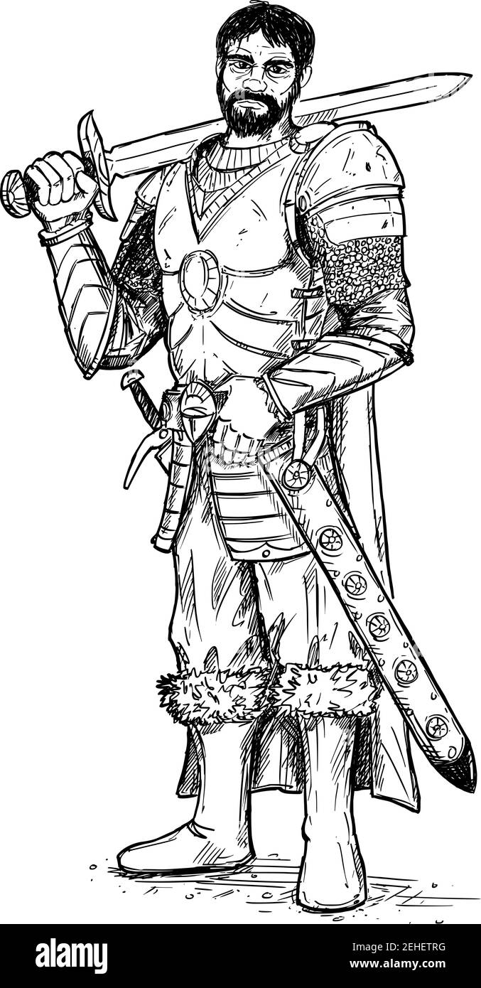 Fantasy guerrier ou chevalier avec épée et armure, dessin vectoriel ou illustration. Illustration de Vecteur