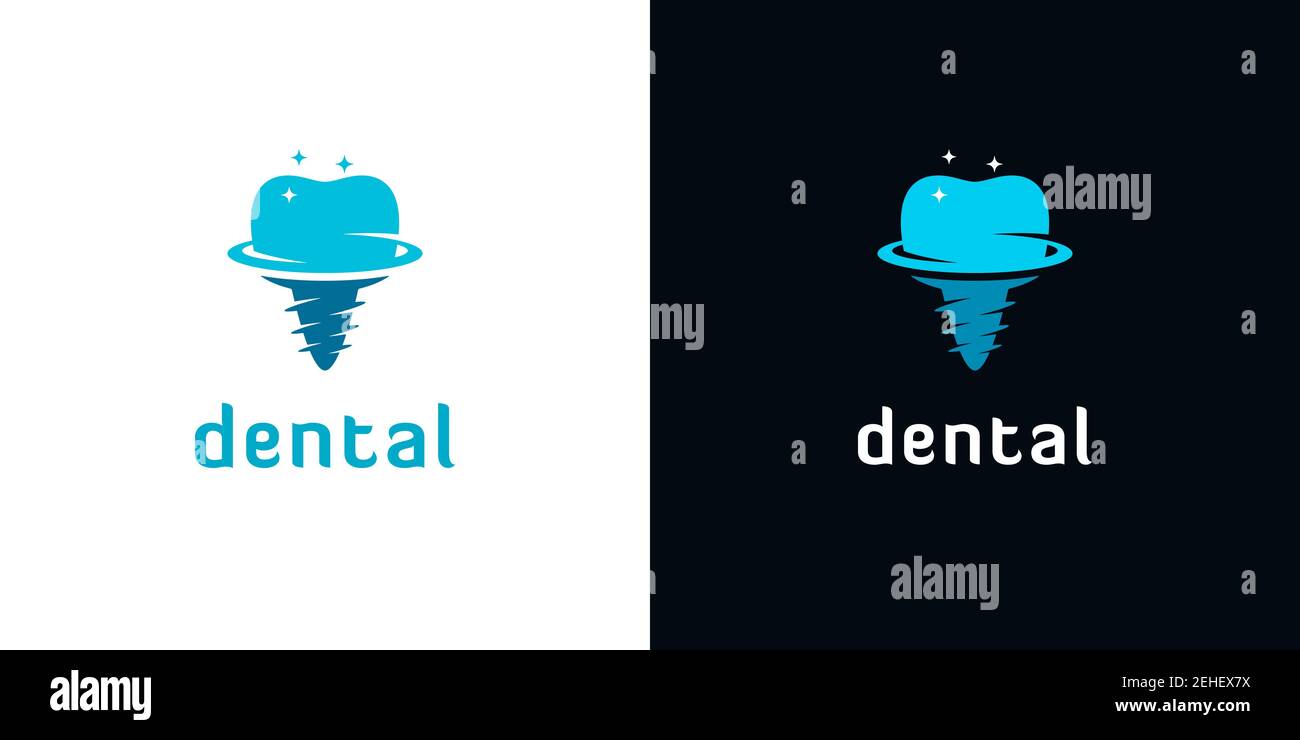 Icônes d'implant avec formes orbitales et étoiles sur fond blanc et noir. Logo abstrait de la dentisterie. Illustration de Vecteur