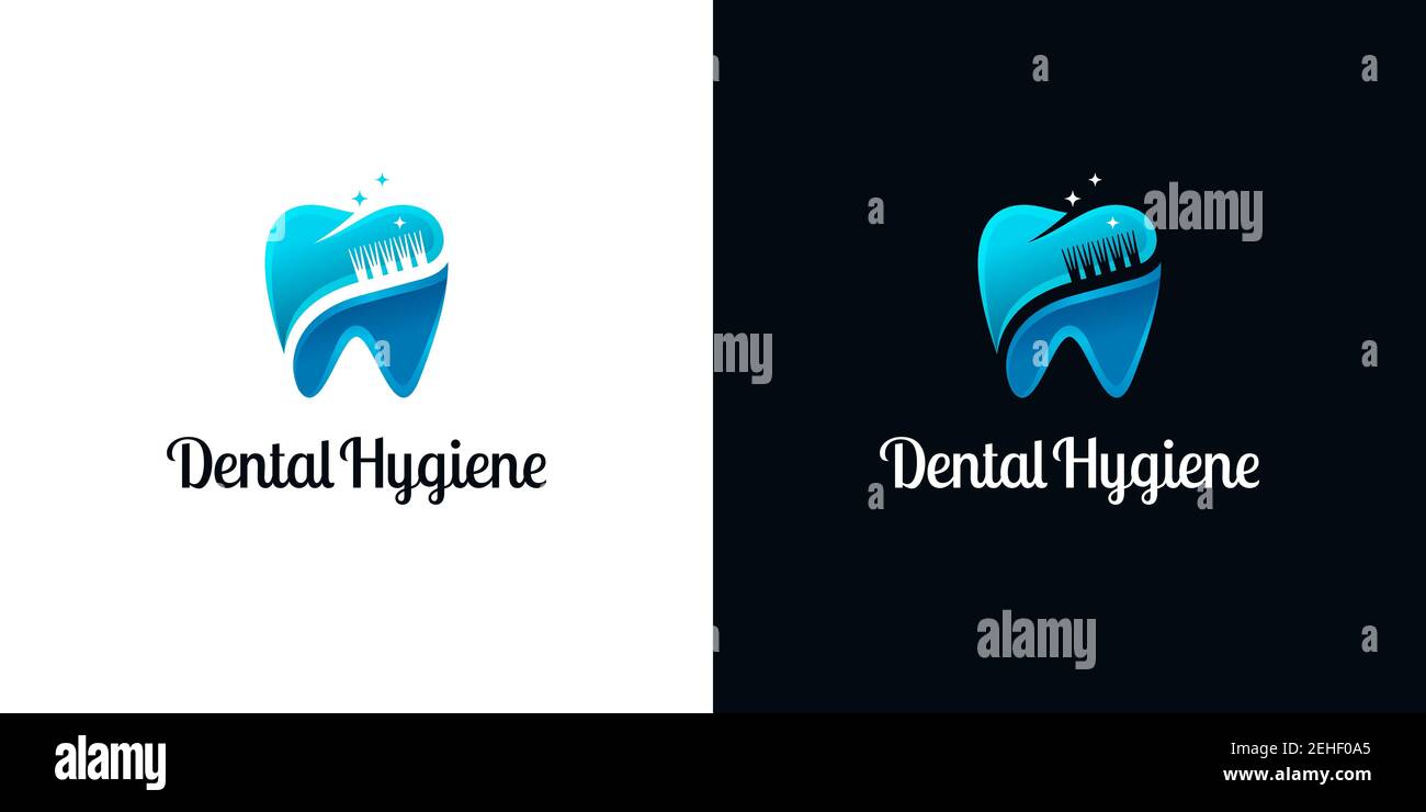 Icônes de dents brillantes en deux parties avec brosses à dents et lumières en étoile. Modèles abstraits de logo dentaire sur fond blanc et noir. Illustration de Vecteur