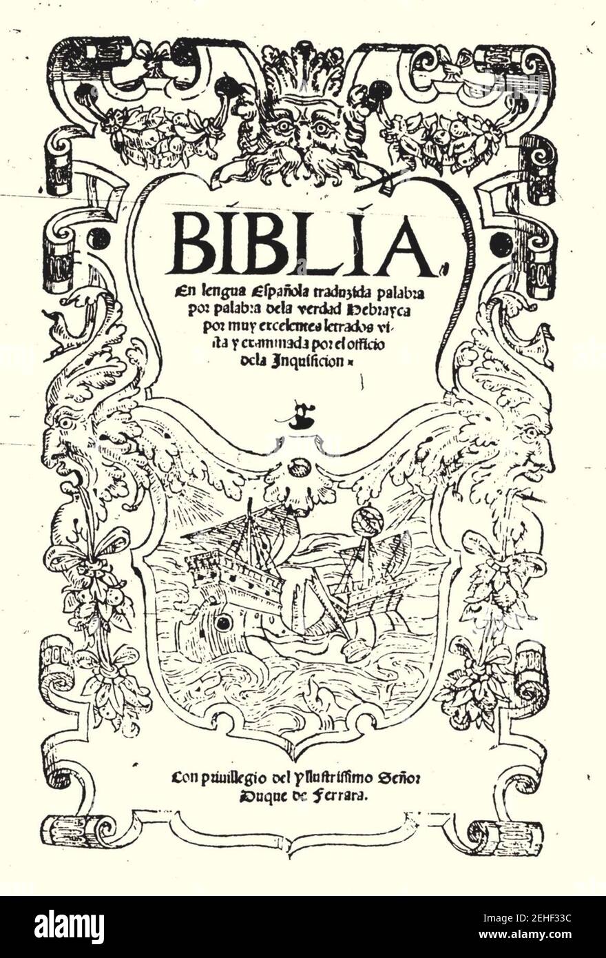Page inicial de la biblia de Ferrara. Banque D'Images