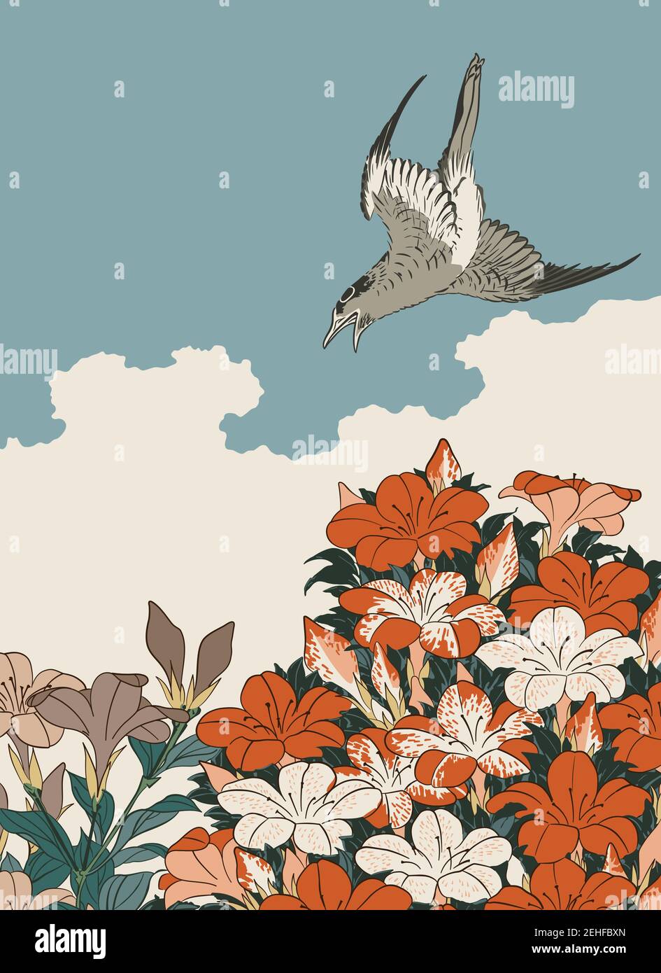 Cuckoo et Azaleas, dessin d'illustration vectorielle après l'impression de blocs de bois du XIXe siècle par l'artiste Katsushika Hokusai Illustration de Vecteur