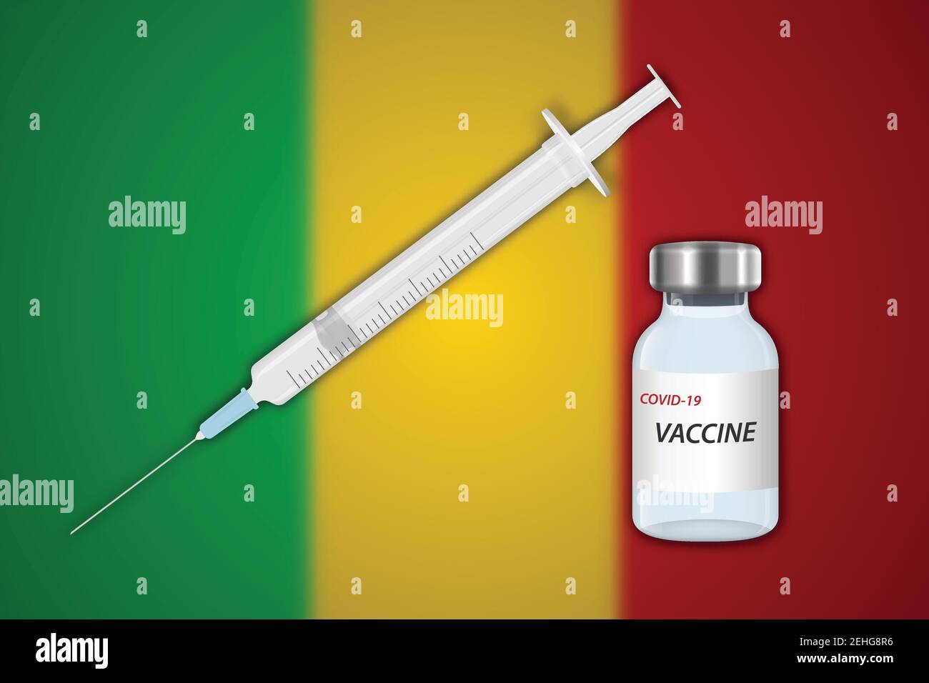 Seringue et flacon de vaccin sur fond flou avec drapeau Mali, gabarit pour la bannière de vaccination Illustration de Vecteur