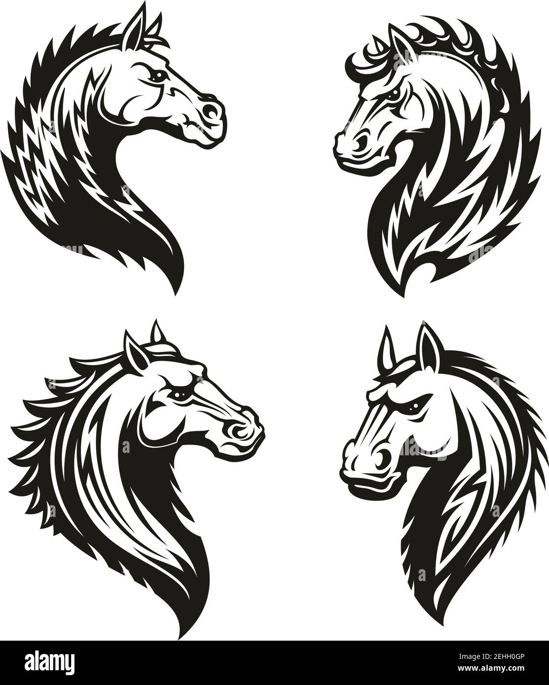 Icônes de la tête de cheval de l'animal tribal noir. Stallion de mustang sauvage ou jument avec col incurvé et mane ornementale pour tatouage, mascotte de sport de course de cheval ou t Illustration de Vecteur