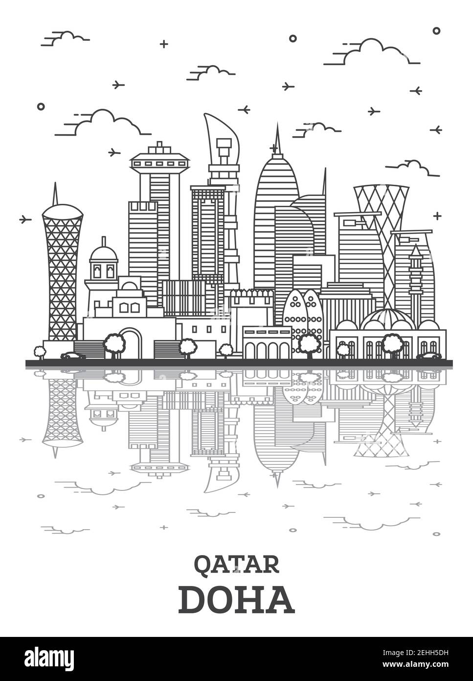 Contours Doha Qatar Ville avec des bâtiments modernes et des réflexions isolé sur blanc. Vector Illustration. La ville de Doha avec repères. Illustration de Vecteur