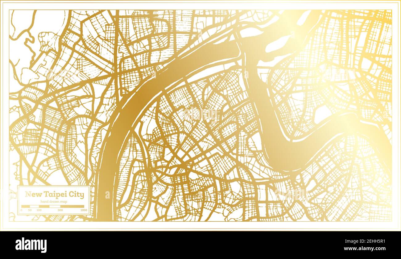 Nouvelle ville de Taipei carte de la ville de Taiwan en style rétro en couleur dorée. Carte de contour. Illustration vectorielle. Illustration de Vecteur