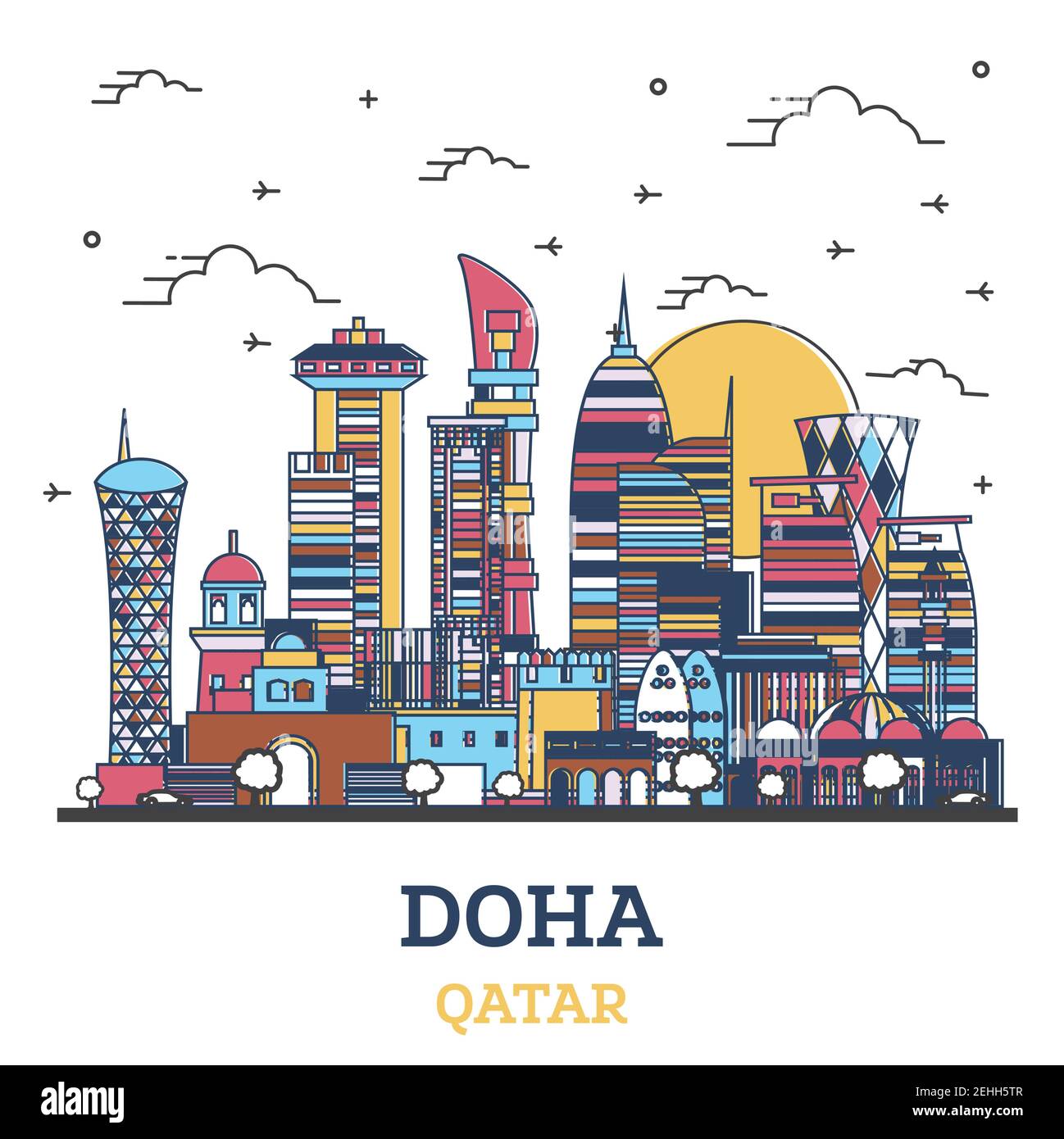 Aperçu de Doha Qatar City Skyline avec des bâtiments modernes colorés isolés sur blanc. Illustration vectorielle. Paysage urbain de Doha avec des points de repère. Illustration de Vecteur