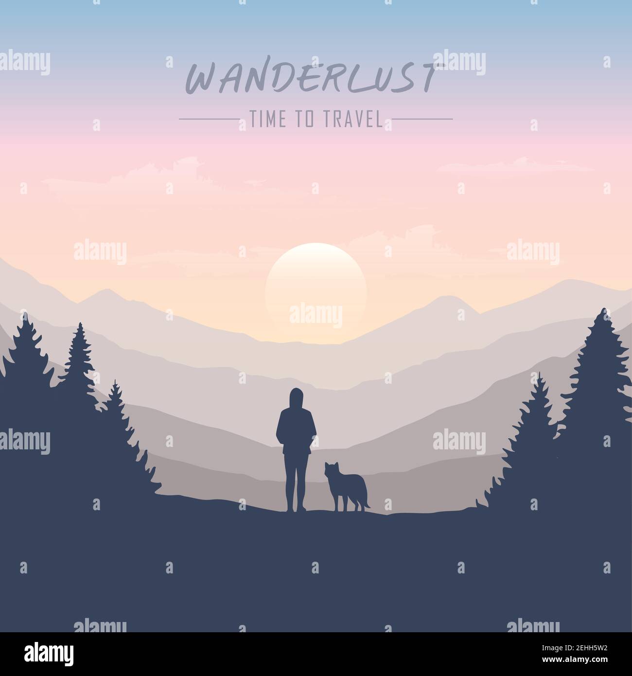 wanderlust fille et chien dans la forêt nature paysage illustration vectorielle EPS10 Illustration de Vecteur