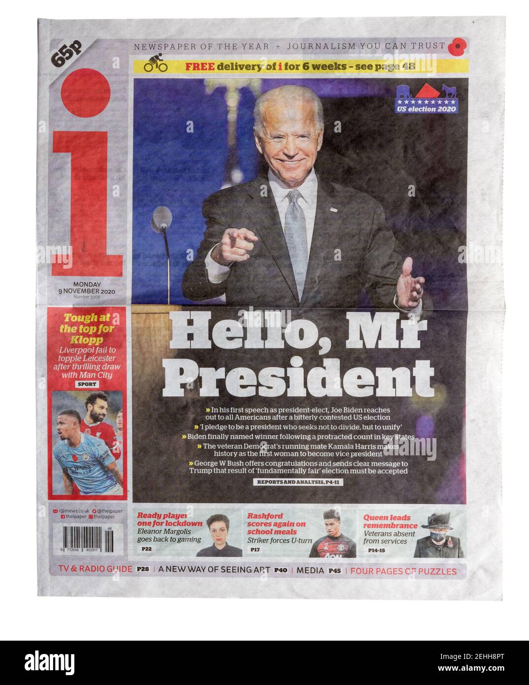 La première page du journal i avec le titre Bonjour Monsieur le Président, je vous parle du vainqueur des élections américaines, JO Biden Banque D'Images