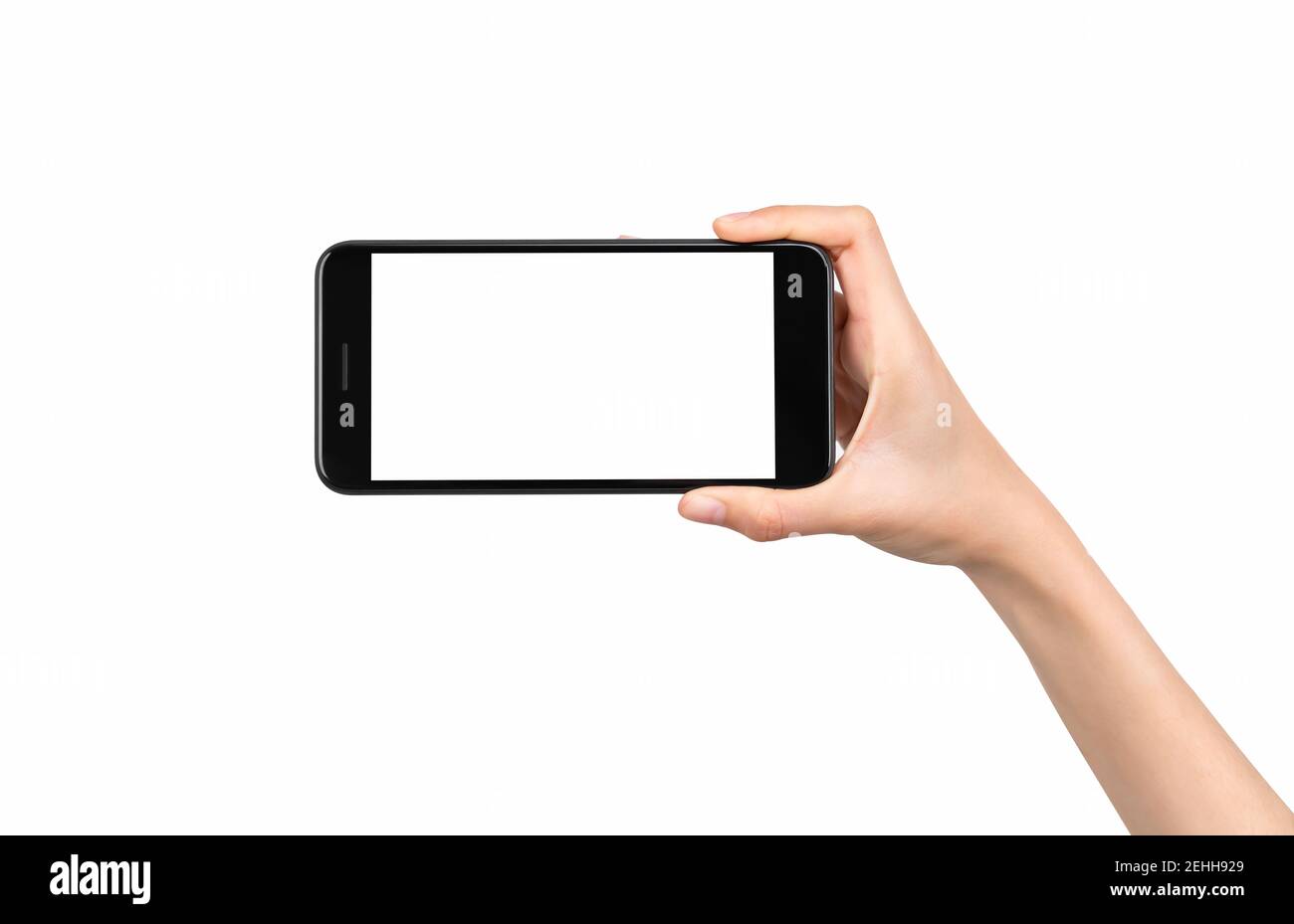 Main tenant smartphone maquette de l'écran vide sur isolé. Prenez votre écran pour mettre sur la publicité. Banque D'Images