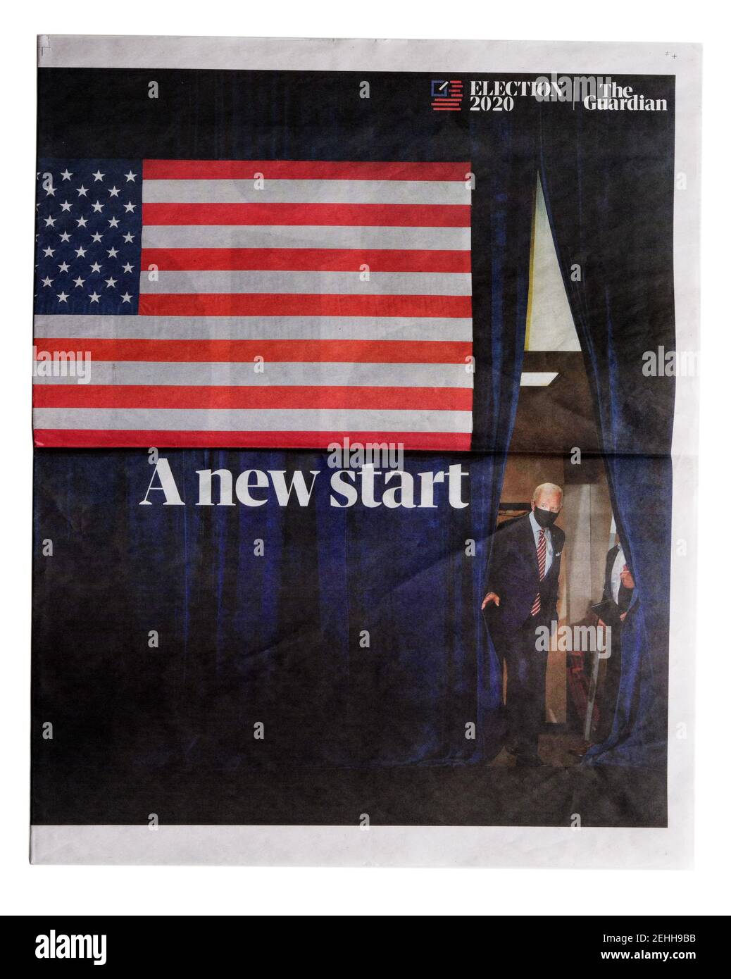 La première page du journal The Guardian avec le titre Un nouveau départ à propos du vainqueur des élections américaines JO Biden Banque D'Images