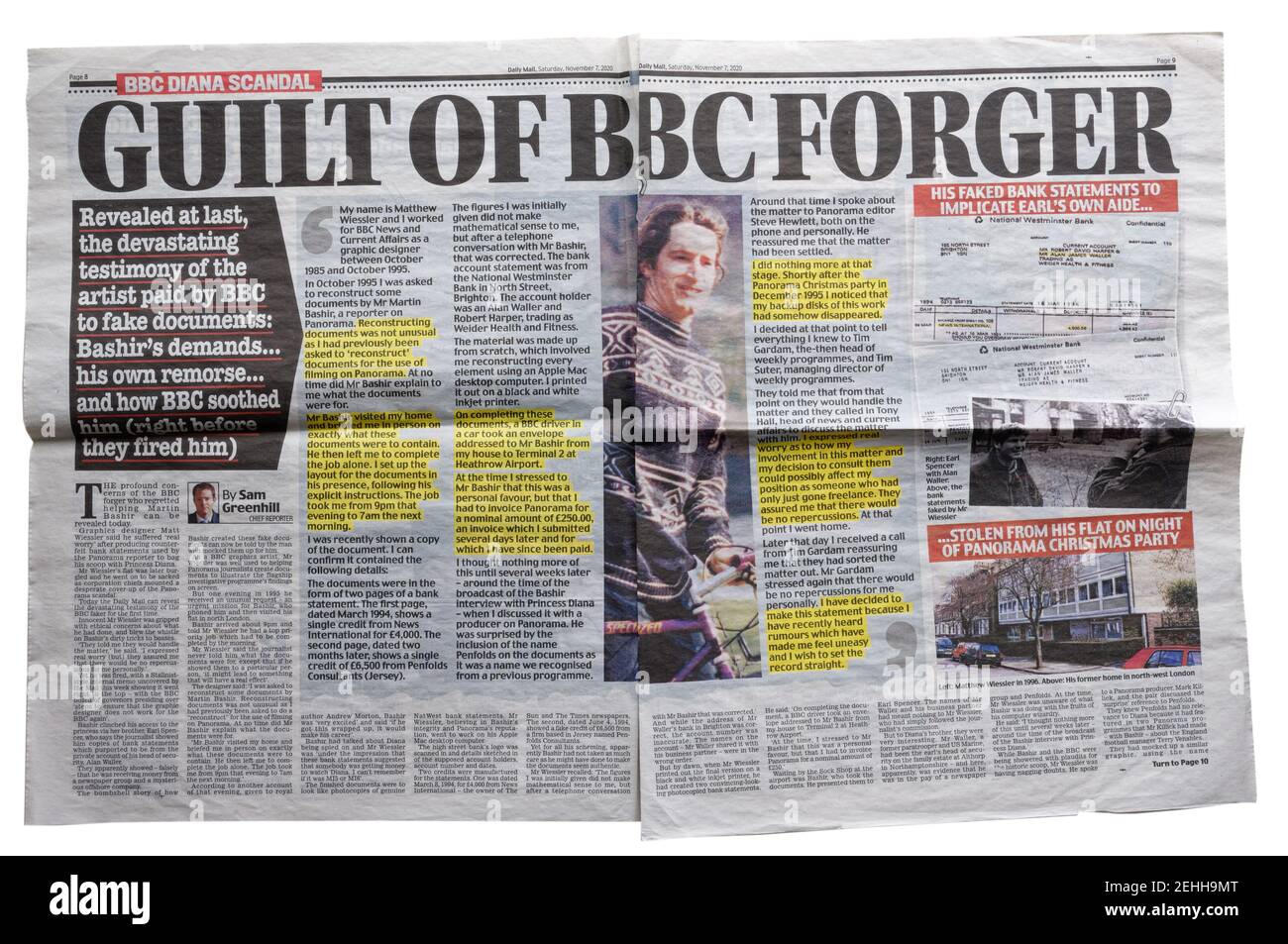 Une double page du journal quotidien avec La culpabilité de BBC Forger à propos du Panorama Diana Entretien avec Martin Bashir Banque D'Images