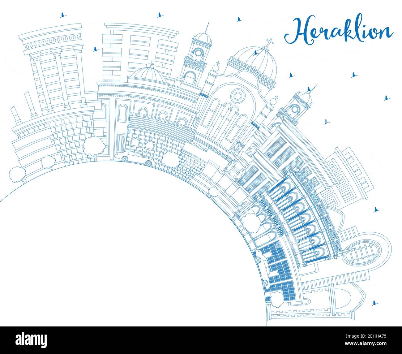 Aperçu Héraklion Grèce Crete City Skyline avec Blue Buildings et Copy Space. Illustration vectorielle. Architecture historique et moderne. Illustration de Vecteur