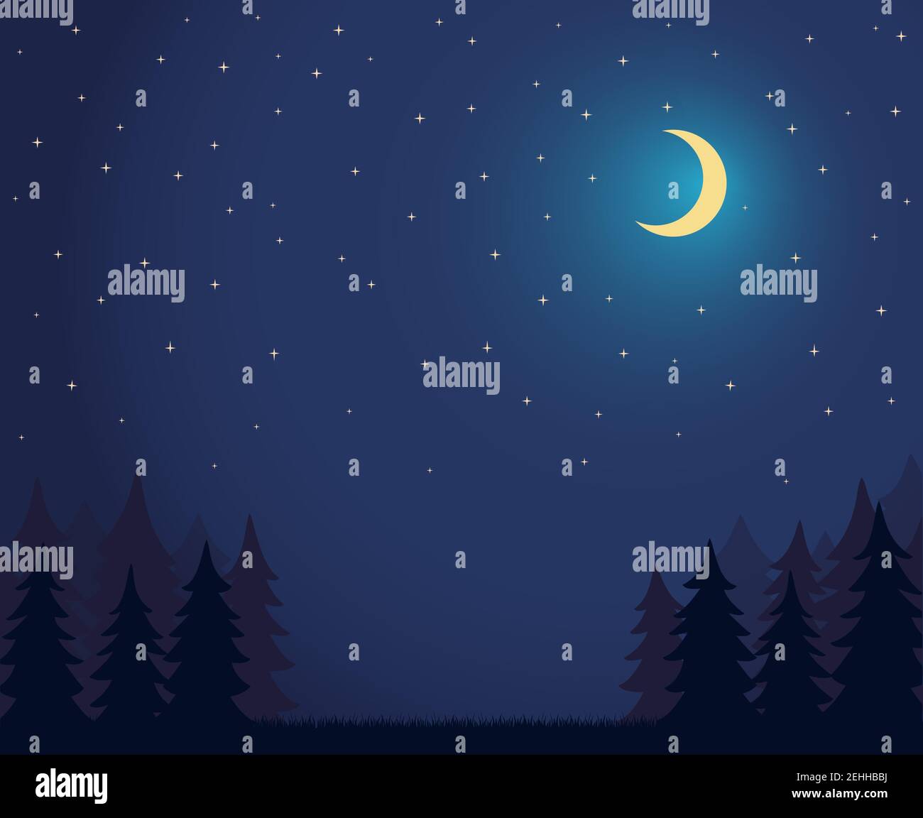 Paysage forestier ciel nocturne sombre avec beaucoup d'étoiles brillantes et l'herbe sol silhoutte arrière-plan. Paysage forestier ciel nocturne sombre avec beaucoup d'étoiles brillantes Illustration de Vecteur