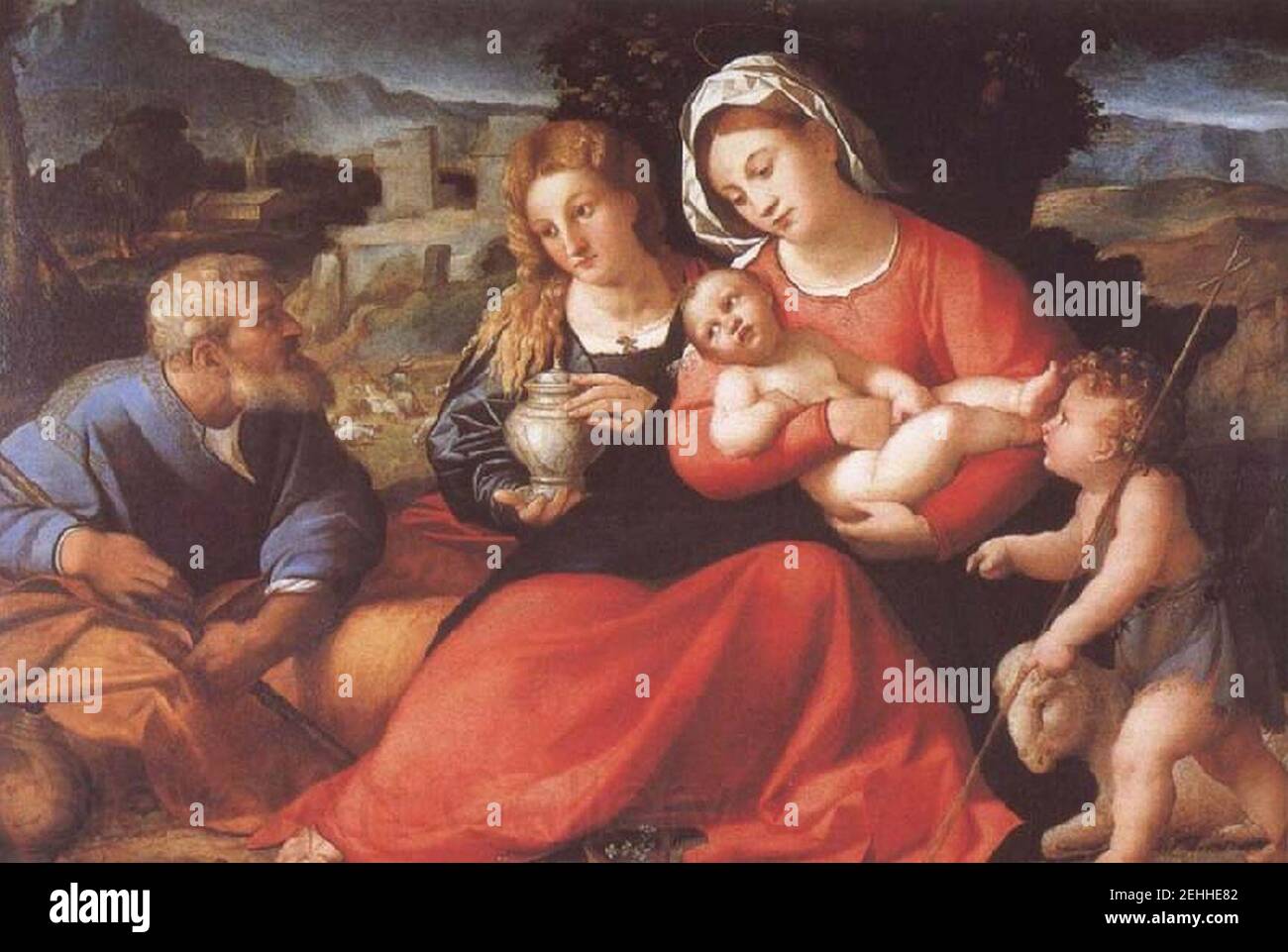 Palma Vecchio-Sainte famille avec Saint Jean - Uffizi. Banque D'Images