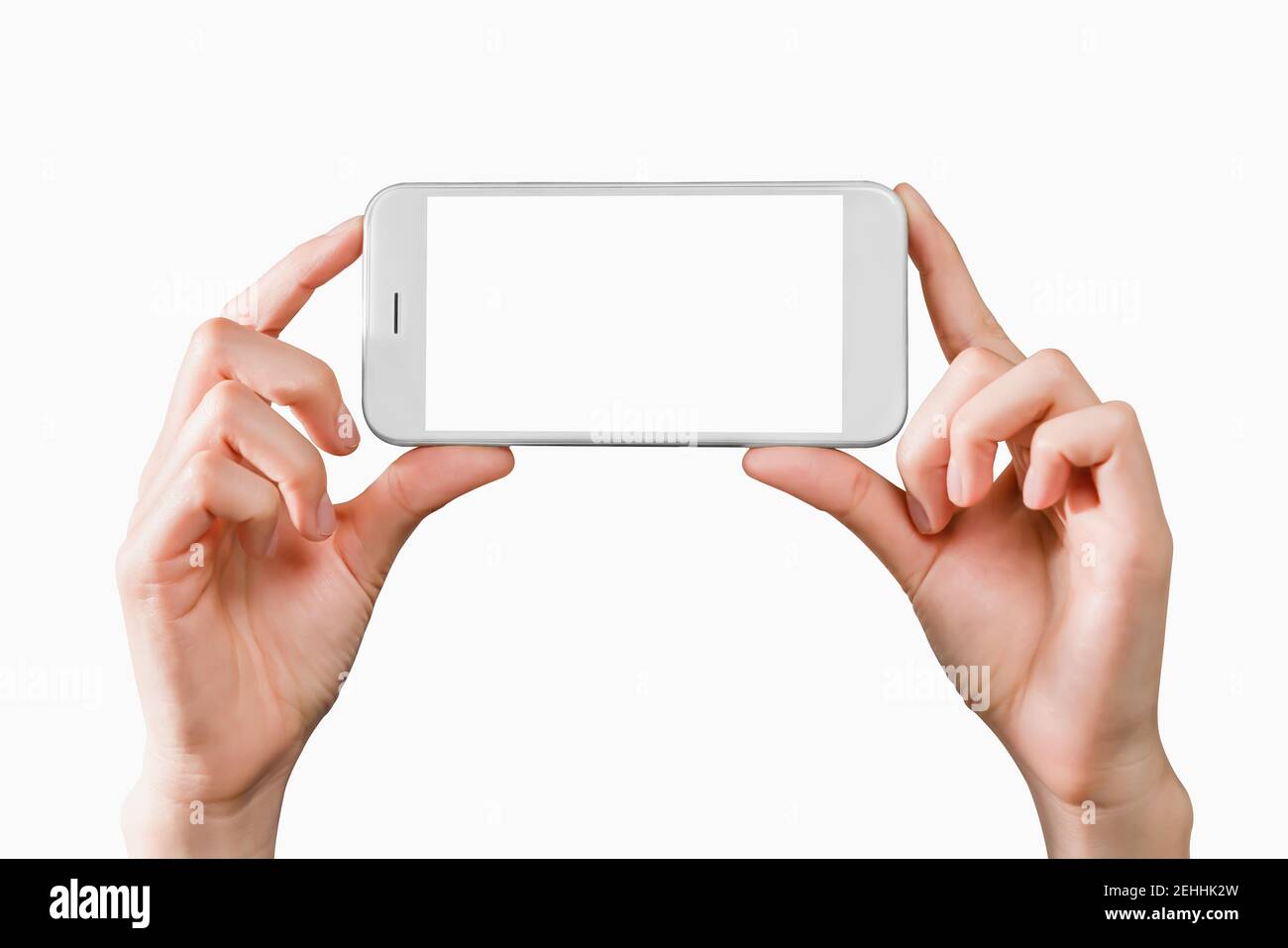 Main tenant smartphone maquette de l'écran vide sur isolé. Prenez votre écran pour mettre sur la publicité. Banque D'Images