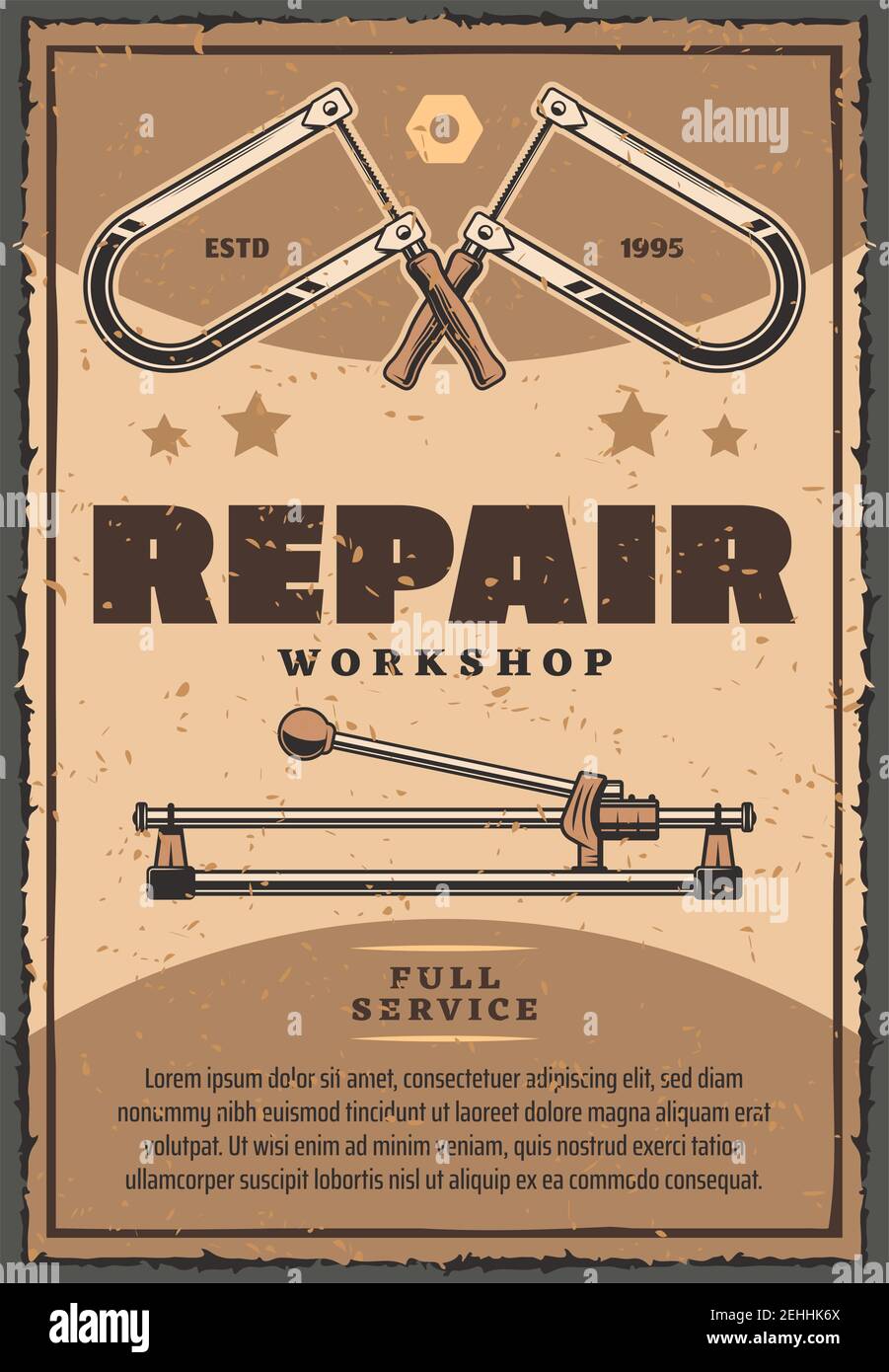 Affiche ancienne d'atelier de réparation d'outils de travail scie à métaux ou d'outils d'étau et de boulons. Conception rétro Vector avec étoiles pour garage de voiture ou service mécanique a Illustration de Vecteur