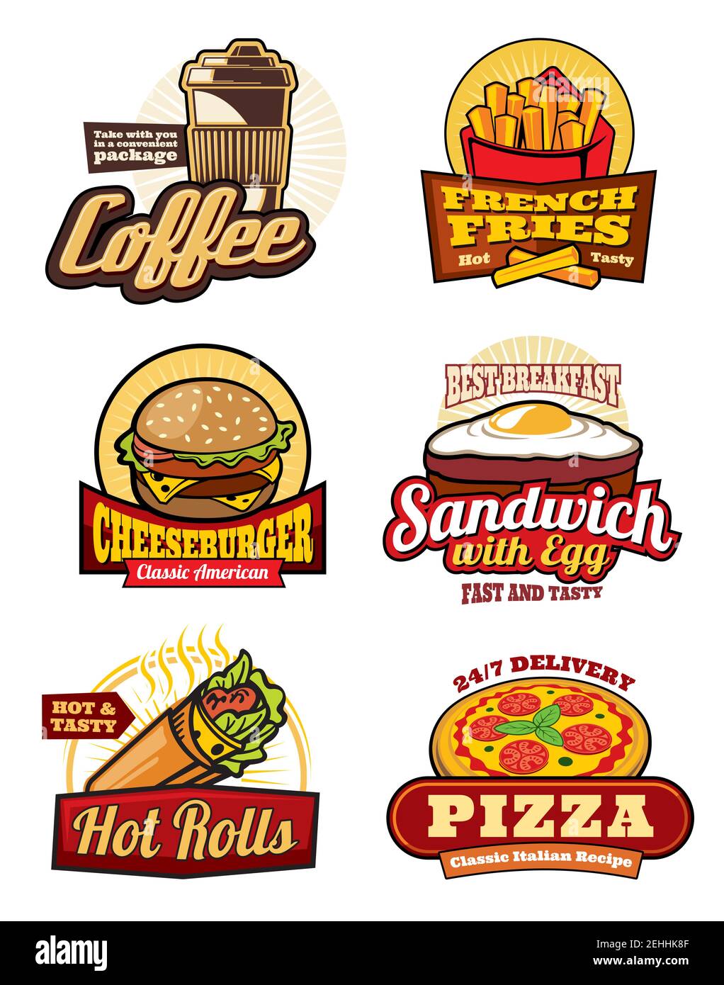 Étiquettes rétro de restauration rapide. Hamburger, pizza et frites, cheeseburger, café, sandwich aux œufs et badge mexicain burrito isolé pour le café M. Illustration de Vecteur