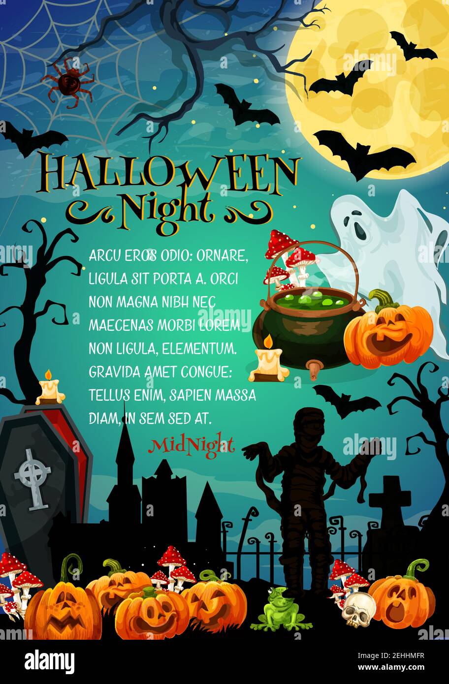 Le Fantome D Halloween Halloween fête nuit monstre bannière festive pour l'invitation à la fête d'horreur.  Craquez la lanterne de citrouille, le fantôme et la chauve-souris, le filet  d'araignée, la momie et le zombie au cimet