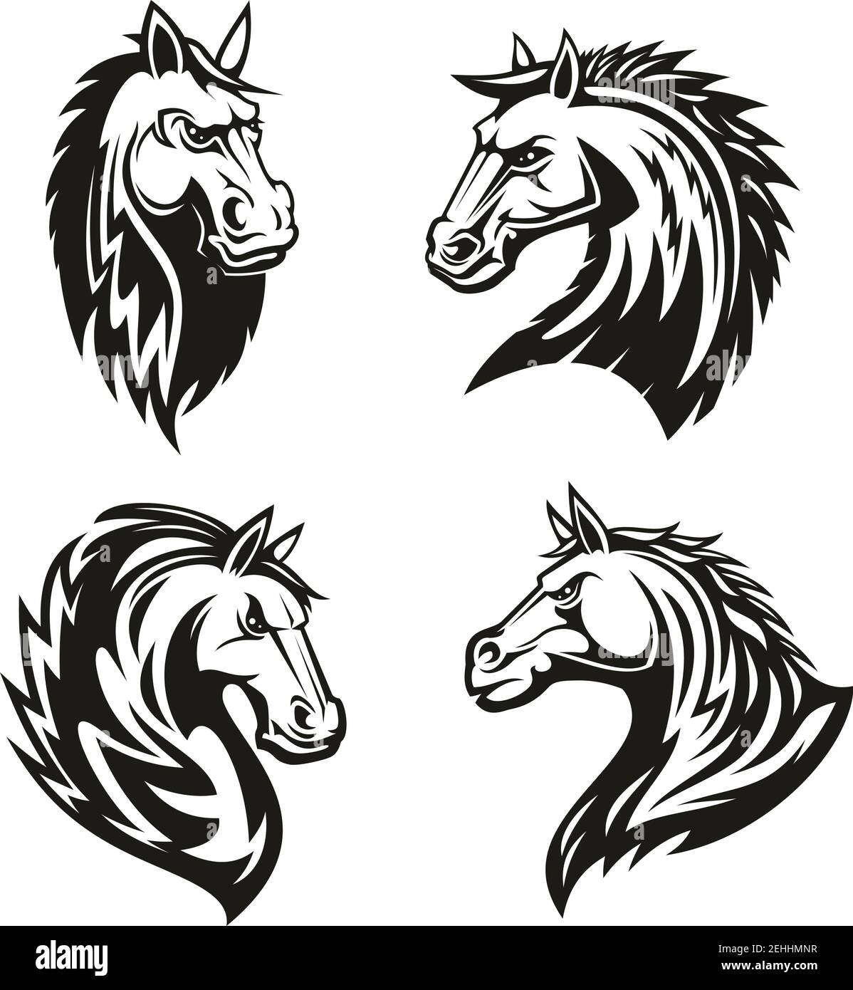 Icônes héraldiques de la tête de cheval pour le design de tatouage, le badge d'équipe d'échecs ou le club de sport équestre. Motif vectoriel de la tête de mustang ou de stallion avec la forme de la mane f Illustration de Vecteur