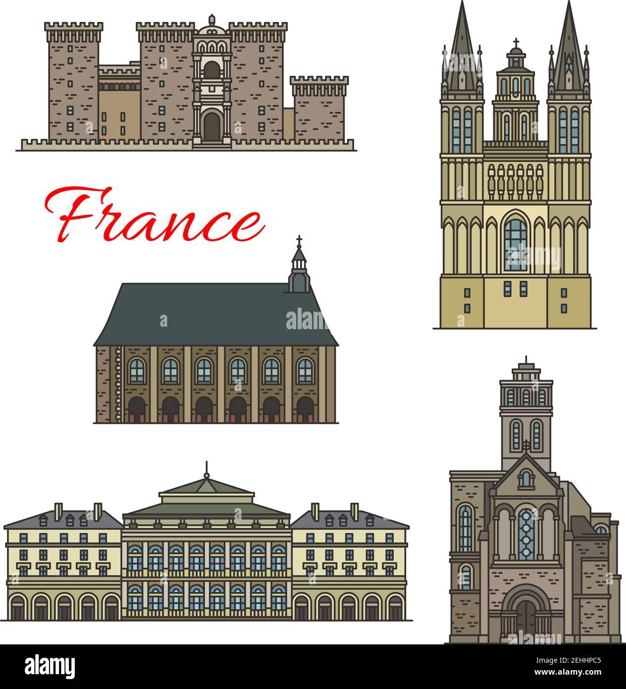 Les icônes de voyage français ensemble de sites touristiques historiques et religieux. Église Saint-Trinite, Abbaye de Ronceray et Château d'Angers, Saint-Maurice Cath Illustration de Vecteur