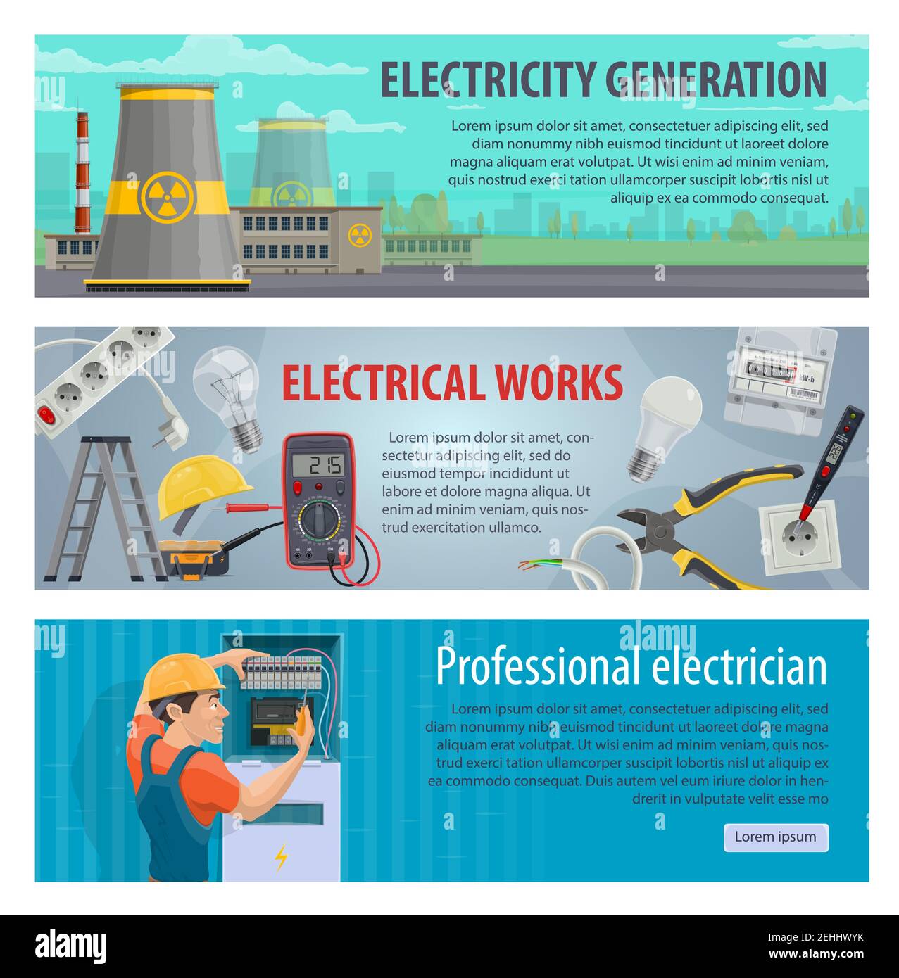 banderoles de la profession d'électricien et de production d'électricité. Conception vectorielle de centrales électriques, outils de travail de réparation d'électricité de prise, fils électriques wi Illustration de Vecteur