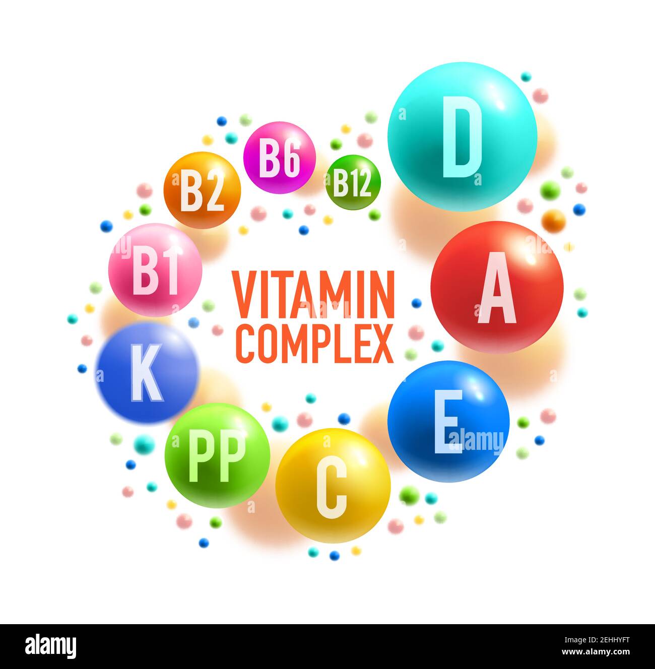 Affiche de complexe de vitamines avec une pilule colorée de supplément alimentaire sain. Boule de multivitamines avec GROUPE A, B et D, C, E et K vitamine pour la nutrition de régime, Illustration de Vecteur