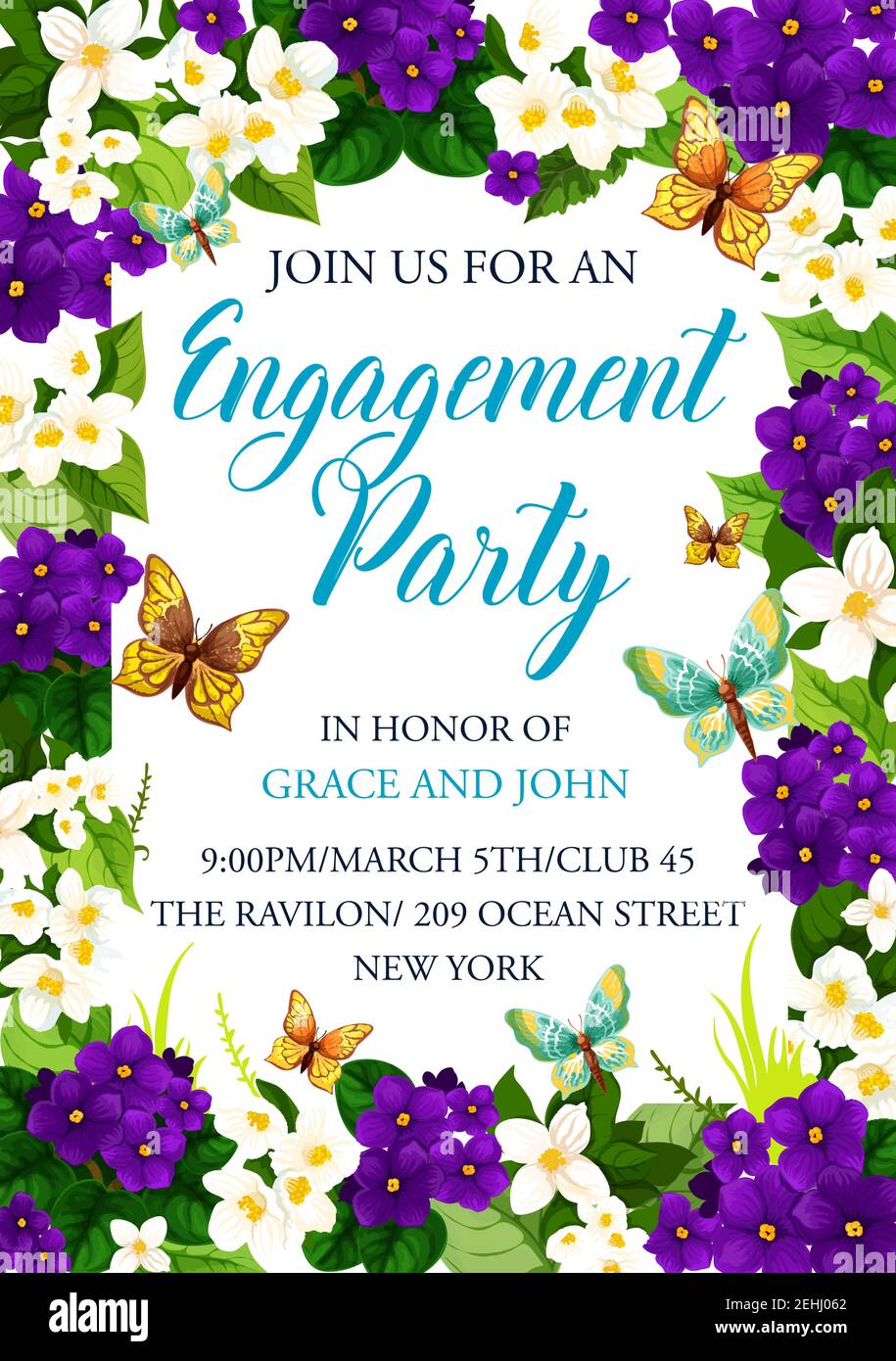 Carte d'invitation à la fête d'engagement pour le mariage ou le motif Enregistrer la date. Fleurs de mariage vecteur cadre de crocus et fleurs de floraison avec des papillons Illustration de Vecteur Carte d'invitation à la fête d'engagement pour le mariage ou le motif Enregistrer la date. Fleurs de mariage vecteur cadre de crocus et fleurs de floraison avec des papillons Illustration de Vecteur