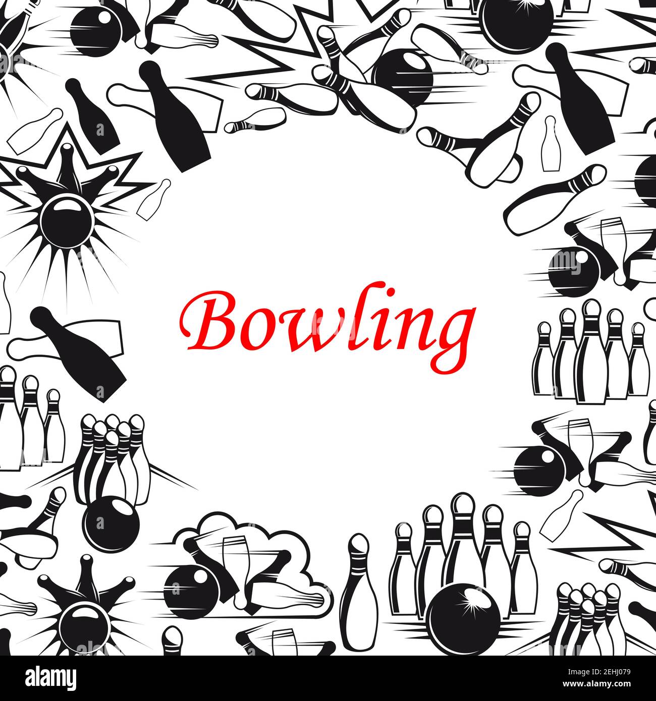 Affiche de jeu de bowling avec boule et cadre de broches. Piste de bowling, quilles et boule sur une bannière noire et blanche, décorée de livres de BD expos Illustration de Vecteur