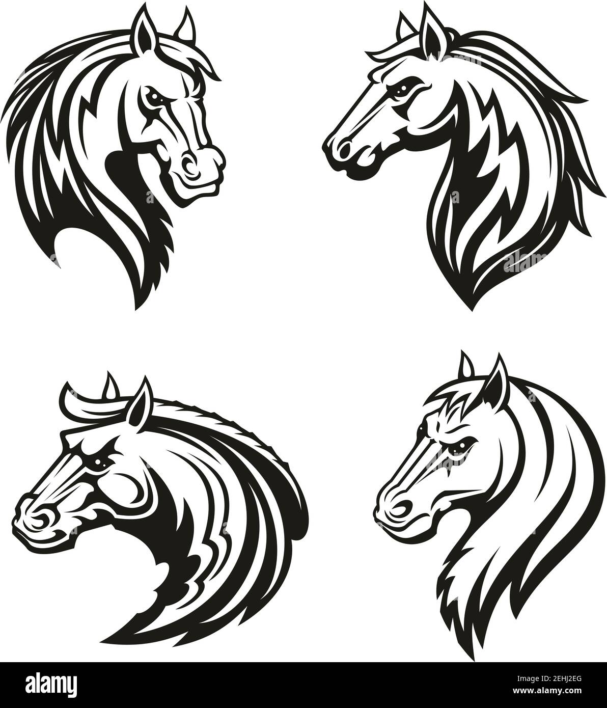 Icône d'animal de cheval de tatouage tribal ou de mascotte de sport de course. Tête de stalinon noir, mustang sauvage ou symbole de cheval de course agressif pour la reproduction f Illustration de Vecteur