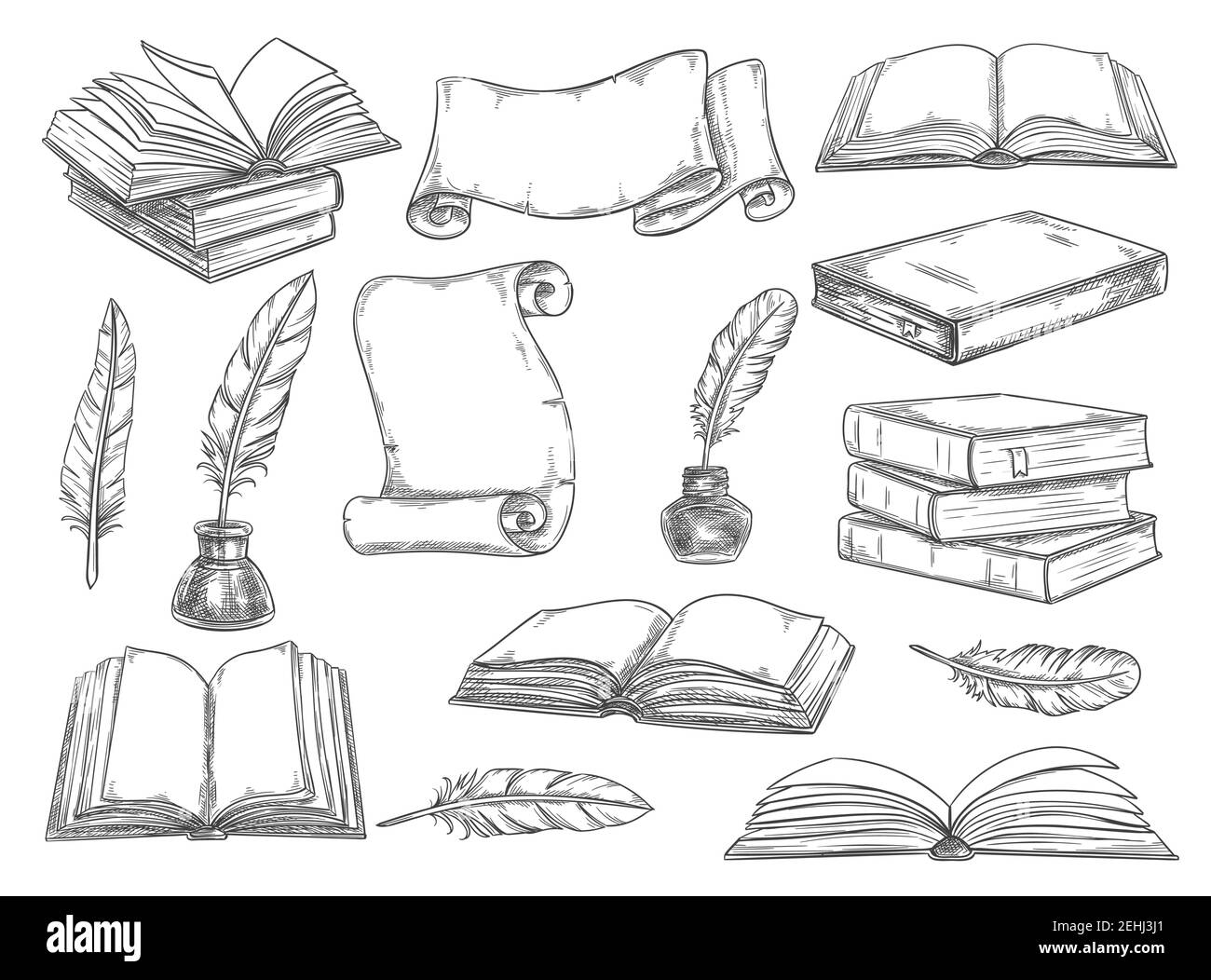 Vieux livres vintage, stylos rétro à encre et manuscrits croquis des icônes. Vector isolé ensemble vintage livre, écriture écriture papeterie et inkwell pour la Lite Illustration de Vecteur