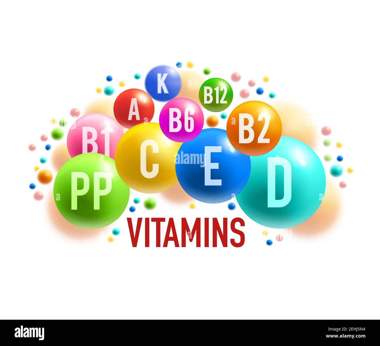 Bannière complexe de vitamines et de minéraux de supplément alimentaire sain. Balle colorée et pilule de multivitamine affiche médicale pour les soins de santé et la pharmacie Illustration de Vecteur
