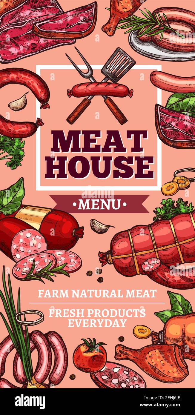 Affiche de croquis de la maison de viande ou de la ferme de boucher. Vector Meaty delicatessen de cerveat, saucisse de pepperoni, filet de porc ou steak de boeuf et poitrine ou jambon b Illustration de Vecteur