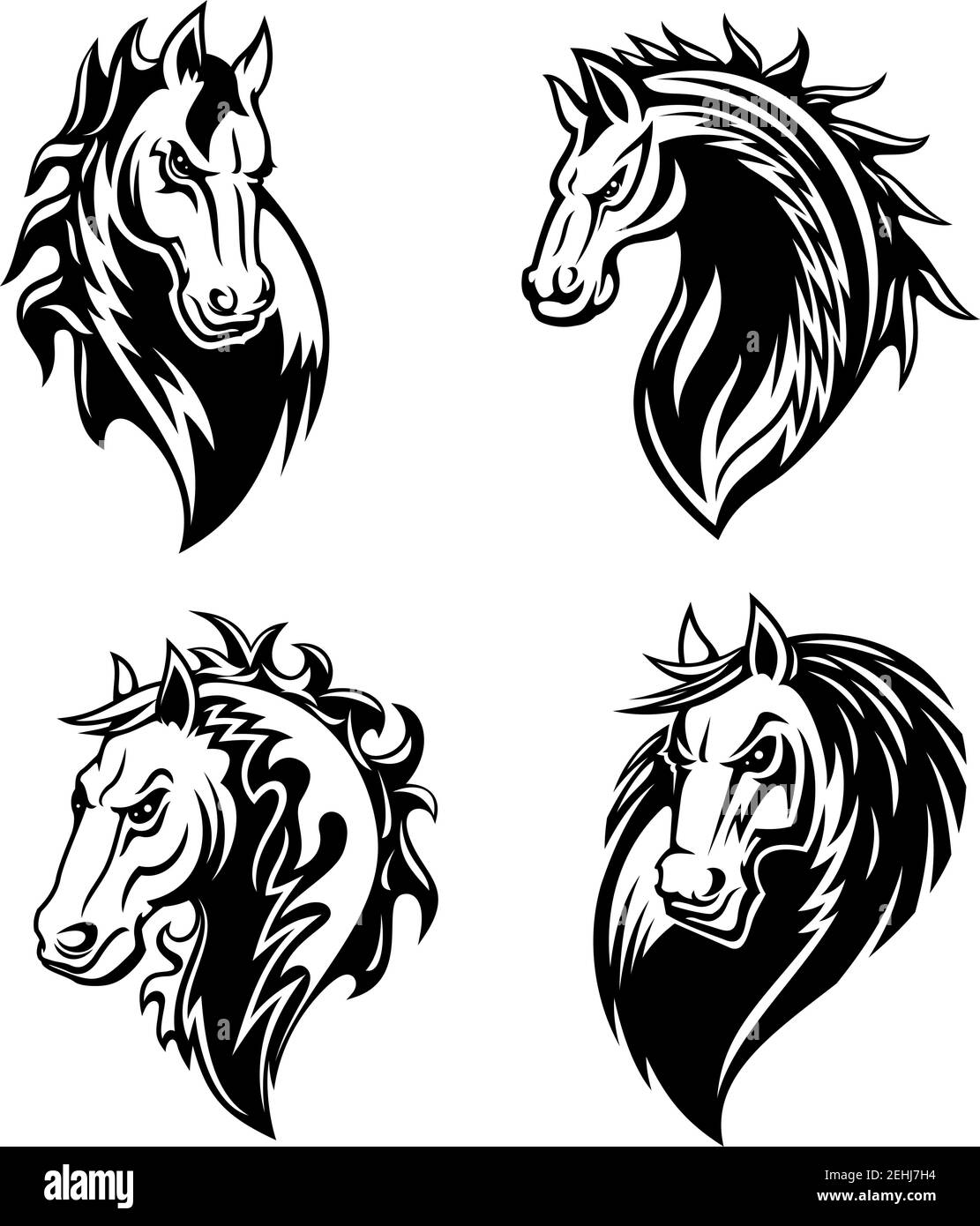 Icônes isolées par des animaux de cheval ou de mustang pour le tatouage tribal et la mascotte de sport équestre. Colonne noire et blanche ou tête de jument avec MU en colère Illustration de Vecteur