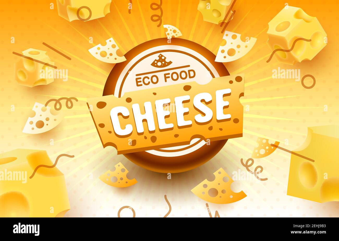 Affiche d'éco-nourriture avec étiquette de fromage, produit de menu de bannière. Illustration vectorielle Illustration de Vecteur